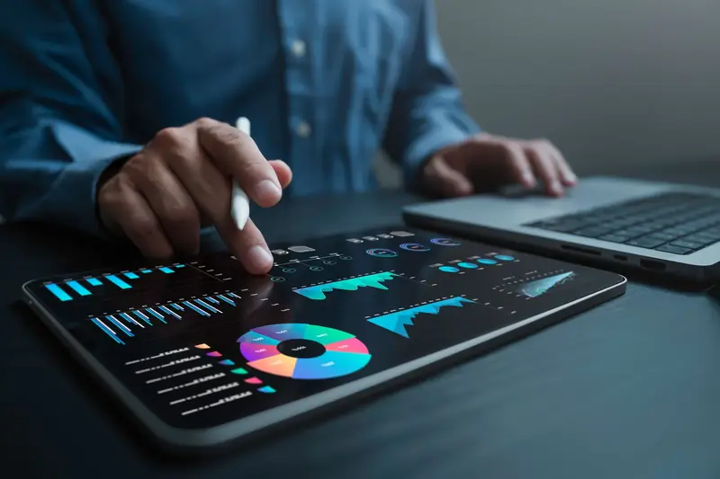 Analyst using unified dashboard for data analysis with KPI and metrics connected to database for technology finance, operations, sales, marketing